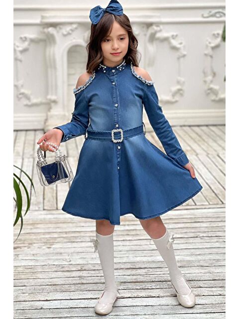 Riccotarz Kız Çocuk Omuzu ve Yakası Taş İşlemeli Lacivert Kot Elbise