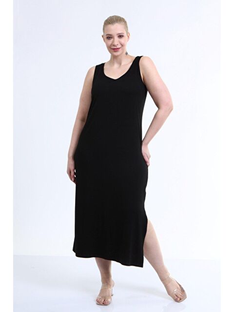 Mylinemoda Askılı Yırtmaç Detaylı Penye Elbise - S000239313-19351