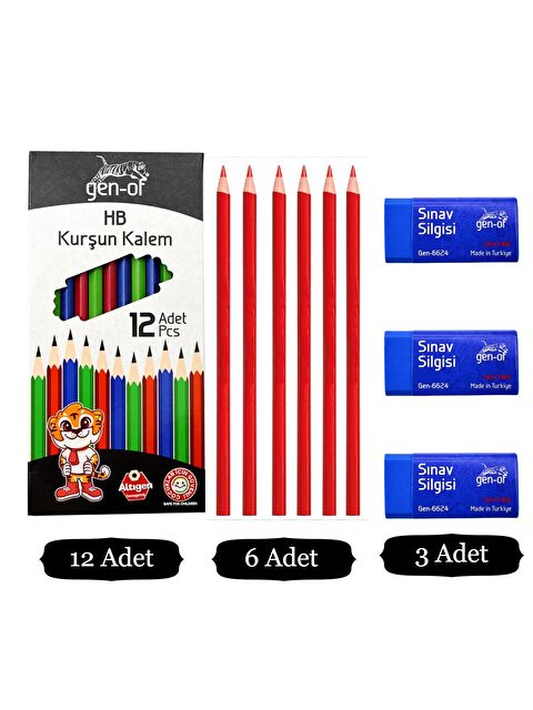 Gen-Of HB Köşeli Kurşun Kalem 12 Li +Kırmızı Kopya Kalemi 6 Lı+ Sınav Silgisi 3 Lü - S000228950-27074