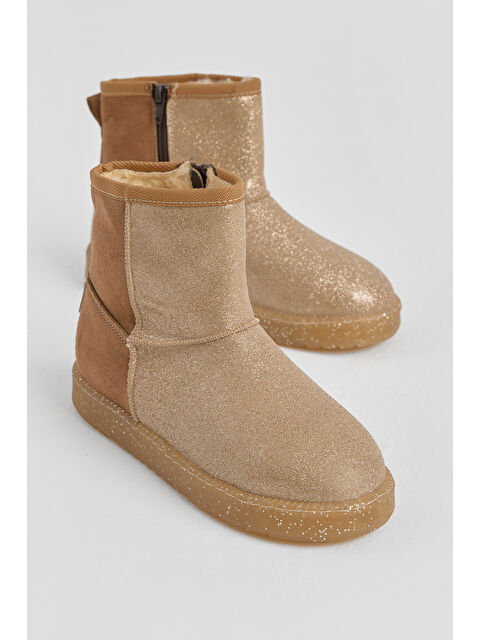 TONNY BLACK Kız Çocuk Taba Simli Termo Taban Süet Görünümlü İçi Kürklü Kısa Bot - S000493927-14955