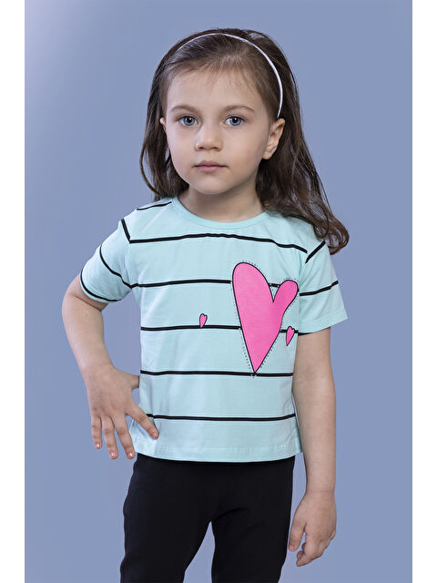 Toontoykids Kız Çocuk Çizgli Kalp Baskılı Taş İşlemeli Tişört