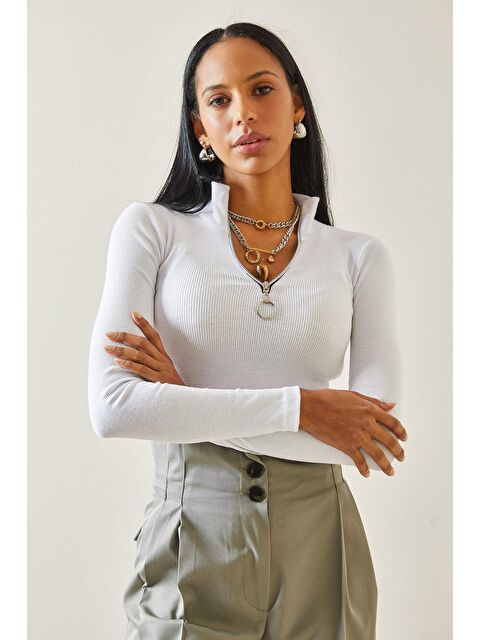 Xhan Beyaz Kaşkorse Fermuarlı Bluz 5YXK2-48275-01 - S000161989-20063