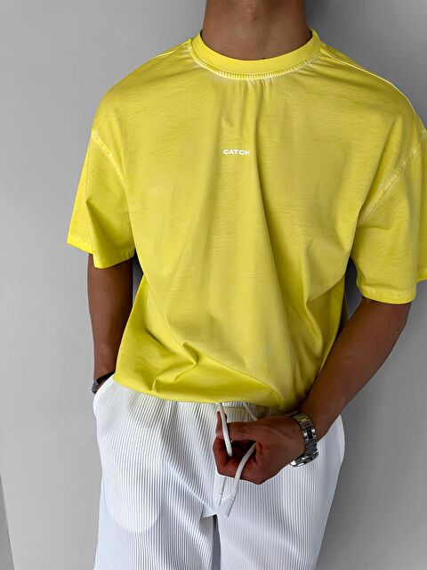 Abluka Online Erkek Oversize Yuvarlak Yaka Yıkamalı Catch Tişört Sarı - S000203060-20072