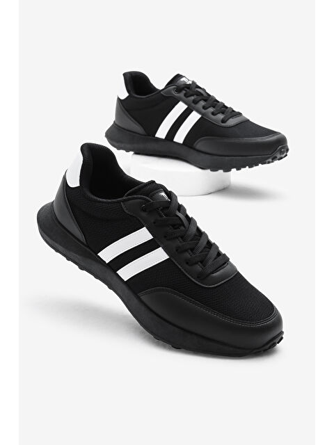 TONNY BLACK Erkek Siyah Beyaz Termo Taban Şeritli Nefes Alabilen Kumaş Bağcıklı Spor Ayakkabı - S000360307-37424