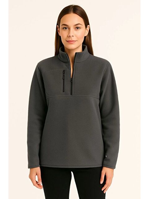 Jane's Polar Kazak – Dik Yaka, Yarım Fermuarlı, Fermuarlı Göğüs Cepli, Siyah Biyeli, Kışlık Rahat Regular F