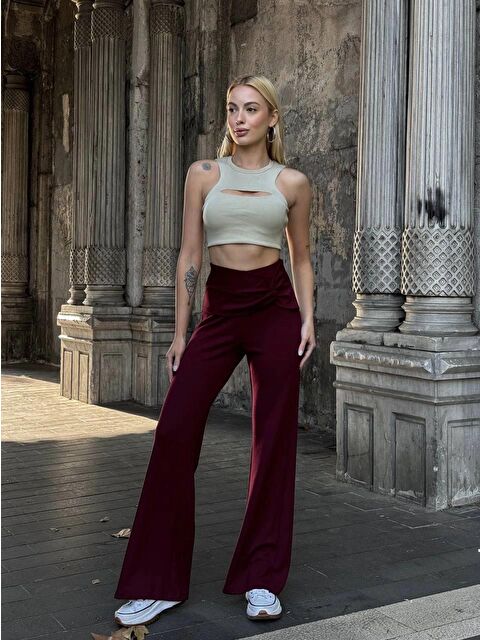Hazelin Kadın Bordo Yüksel Bel Kemer Detaylı İspanyol Paça Pantolon HZL25W-ZK11481 - S000292593-19951