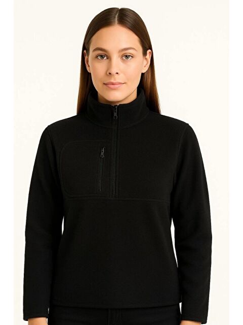 Jane's Polar Kazak – Dik Yaka, Yarım Fermuarlı, Fermuarlı Göğüs Cepli, Siyah Biyeli, Kışlık Rahat Regular F