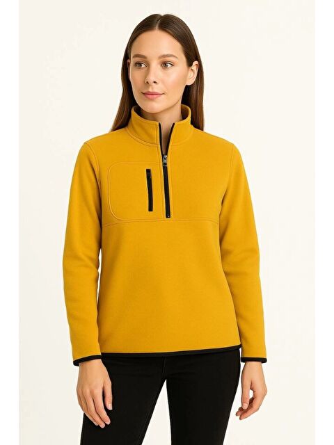 Jane's Polar Kazak – Dik Yaka, Yarım Fermuarlı, Fermuarlı Göğüs Cepli, Siyah Biyeli, Kışlık Rahat Regular F