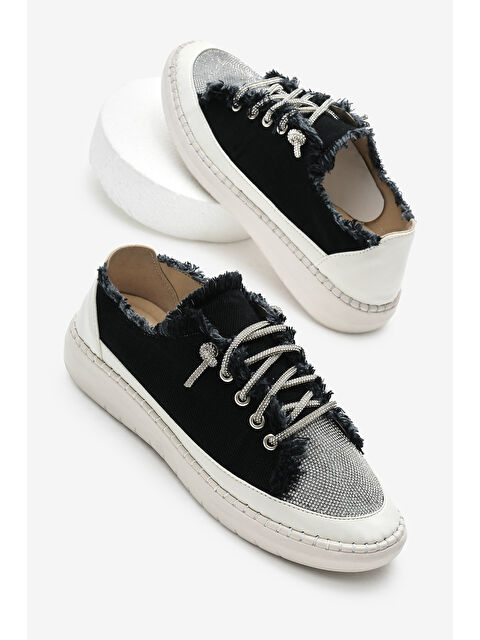 TONNY BLACK Kadın Siyah Poli Taban Denim Kumaş Taşlı Bağcıklı Spor Ayakkabı - S000493822-19351