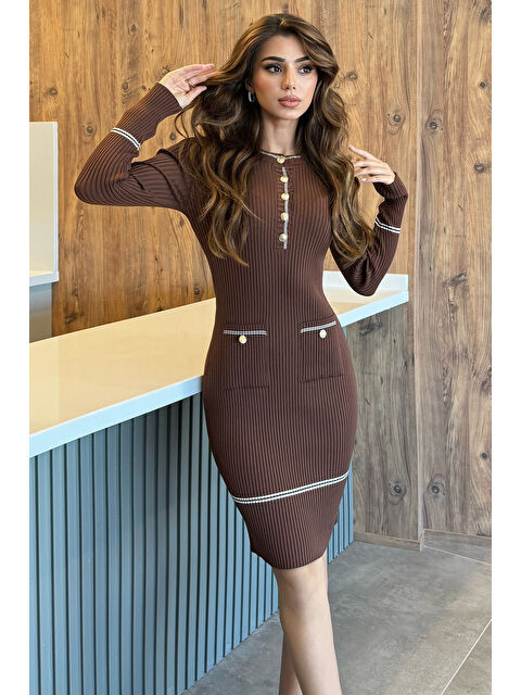 Gülseli Kadın Fitilli Yarım Düğmeli Triko Elbise - S000290730-19413