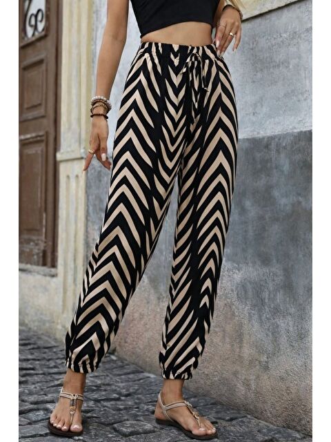 Jane's Kadın Yüksel Bel Belı Lastikli Belden Bagcıklı Desenli Süprem Pantolon