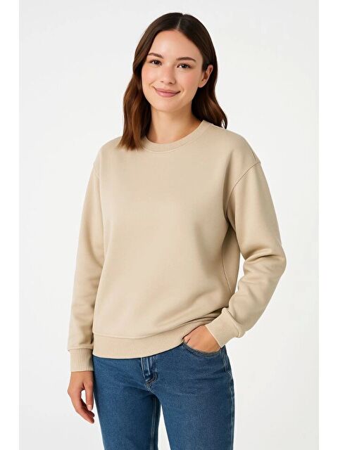 Jane's Üç İplik Düz Bisiklet Yaka SweatShirt - Bej