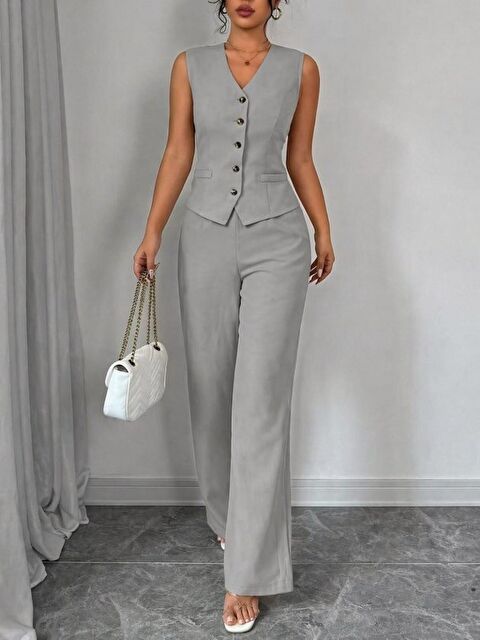 Jane's Kadın Askılı önden Düğmeli Bluz Ve Pantolon Keten Ikili Takım