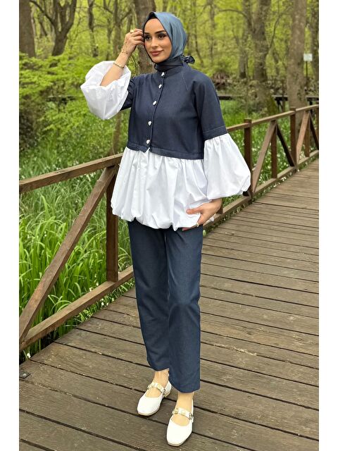 Julude Balon Kol Garnili Taşlanmış Jean Tunik Pantolon Tesettür İkili Takım - S000374364-21164