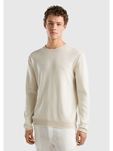 United Colors Of Benetton Erkek Krem Pamuk Karışımlı Bisiklet Yaka Basic Kazak - S000305992-19966