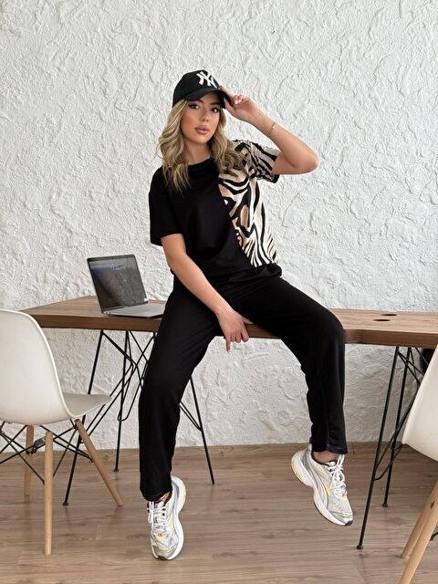 Jane's Kadın Bisiklet Yaka Kısa Kol Leopar Desen Bluz Ve Pantolon Ikili Takım