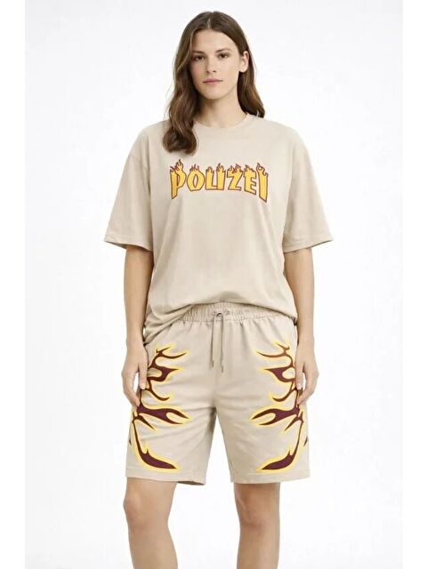 Jane's Bej Oversize Baskılı Tişört Şort Takım Cepli Şort Yazlık Rahat Günlük Kombin - Bej