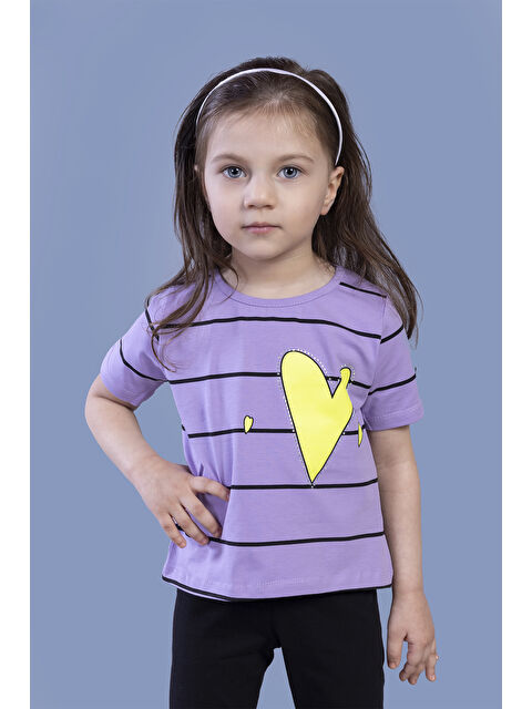 Toontoykids Kız Çocuk Çizgli Kalp Baskılı Taş İşlemeli Tişört