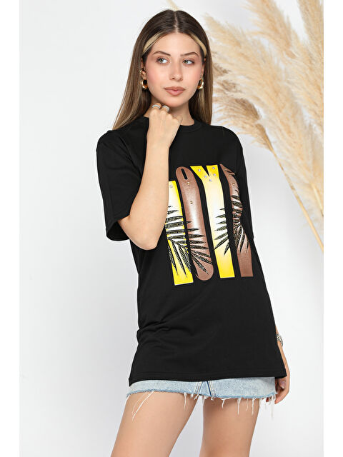 Gülseli Bisiklet Yaka Love Baskılı Taşlı Kadın Tişört - S000290732-19351