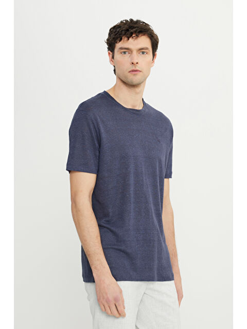 Altınyıldız Classics Erkek Lacivert %100 Keten Slim Fit Dar Kesim Bisiklet Yaka Tişört