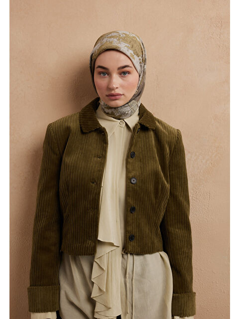 Fresh Scarfs Sıenna Desen Pamuk İpek Eşarp Yağ Yeşili - S000506774-18194