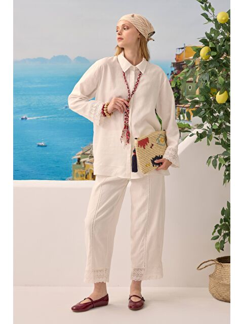 HE-QA Güpürlü Keten Pantolonlu Takım Ekru
