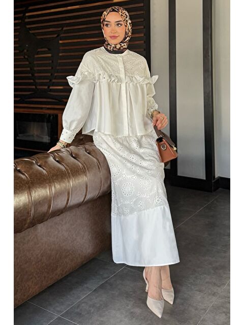Julude Kadın Fırfırlı Fistolu Taş İşlemeli Tesettür Gömlek Etek İkili Takım - S000386599-20063