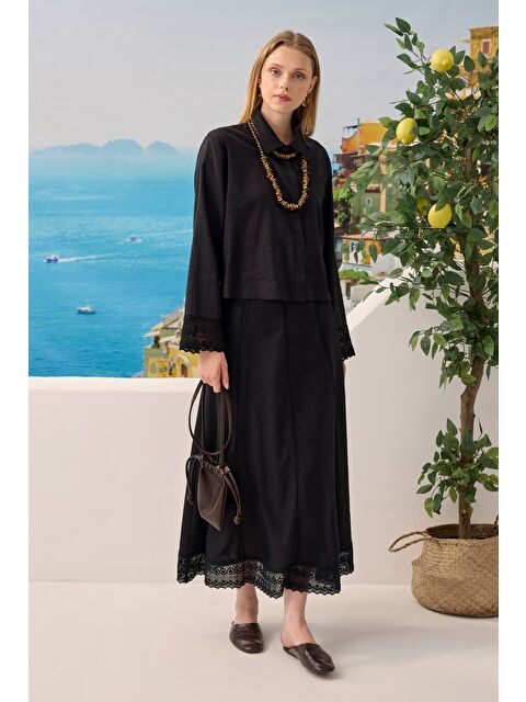 HE-QA Güpürlü Keten Etekli Takım Siyah