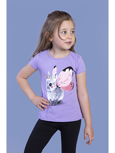 Toontoykids Kız Çocuk Tavşan Baskılı Pul İşlemeli Tişört