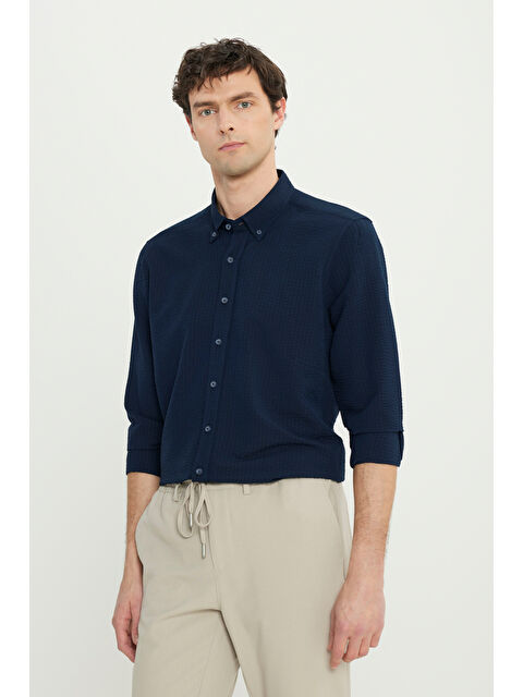 AC&Co / Altınyıldız Classics Erkek Lacivert Slim Fit Dar Kesim Düğmeli Yaka %100 Pamuk Gömlek - S000402562-21164