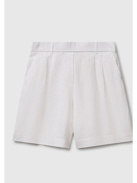 United Colors Of Benetton Kadın Beyaz %100 Keten Arka Beli Lastikli Pileli Relax Fit Bermuda Şort
