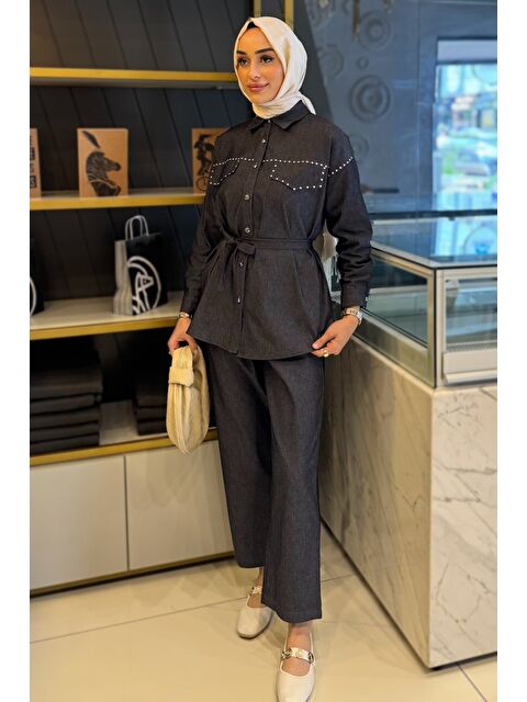 Julude Kadın Taş İşlemeli Kuşaklı Tesettür Jean Tunik Pantolon İkili Takım - S000386603-21164