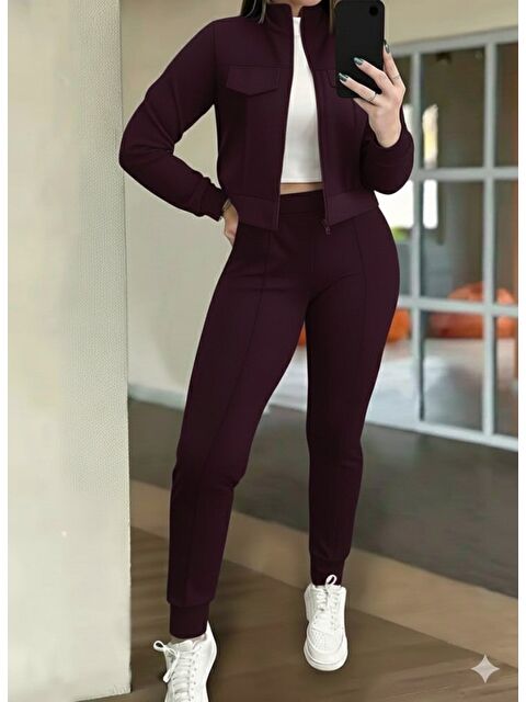 Jane's Kadın Uzun Kollu önden Fermuarlı Kısa Modal Mor Ceket Ve Pantolon Ikili Takım