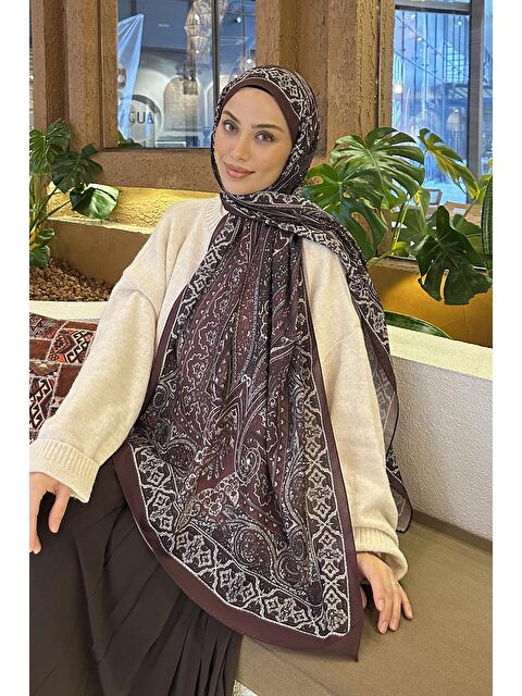 Lamelif Retro Desen Pamuk Şal Koyu Bordo - S000529589-19952