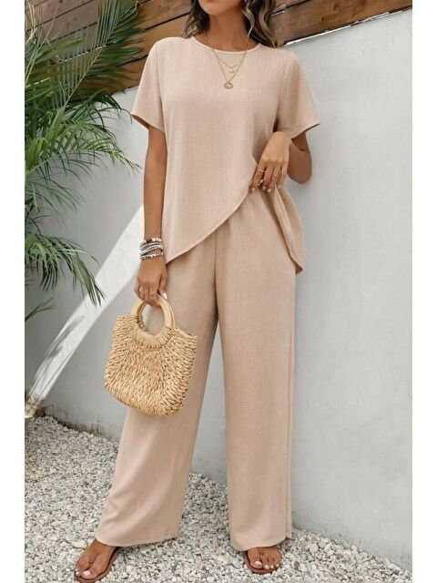 Jane's Kadın Kısa Kollu Bisiklet Yaka Asimetrik Kesim Detaylı Bürümcük Bluz Ve Pantolon Ikili Takım