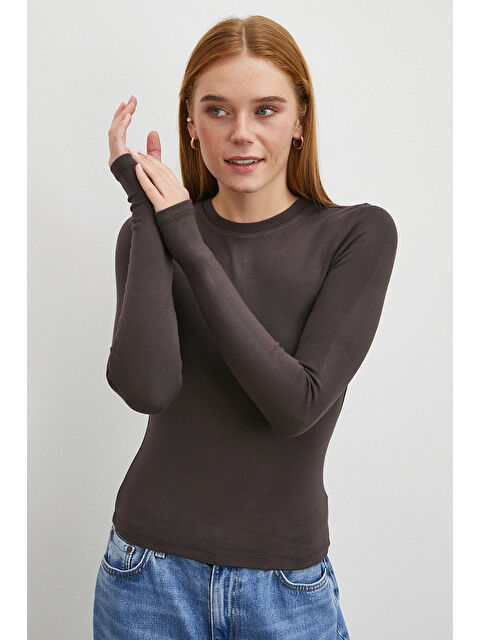 Never More Kol Yırtmaçlı Bluz Kahve - S000487622-23173