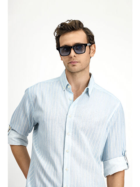 Kiğılı Uzun Kol Regular Fit Düğmeli Yaka Pamuklu Keten Karışımlı Çizgili Gömlek