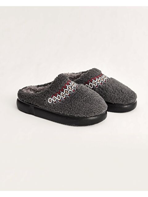 Chirpy Kadın Kışlık Pelüş Ev İçi Ayakkabı – Camel Ve Gri Desenli Şerit Detaylı, Etnik Desenli Rahat Poliüre - S000443166-20600