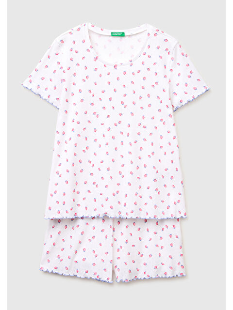 United Colors Of Benetton Kadın Beyaz %100 Pamuk Fırfır Detaylı Desenli Pijama Takımı