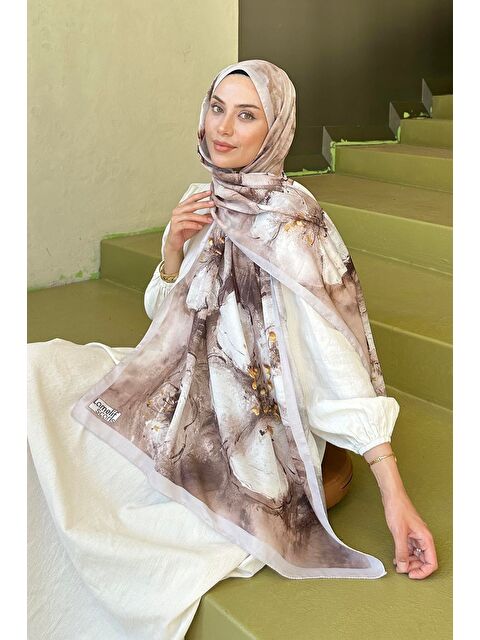 Lamelif Bohem Çiçek Desen Soft Şal Vizonrengi