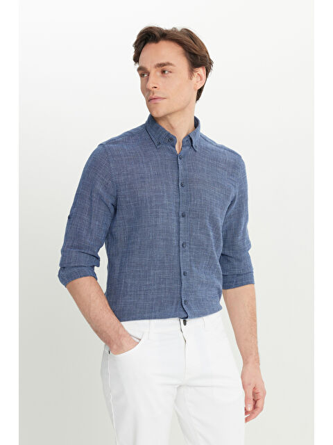 Altınyıldız Classics Erkek Lacivert %100 Pamuk Flamlı Slim Fit Dar Kesim Düğmeli Yaka Armürlü Gömlek