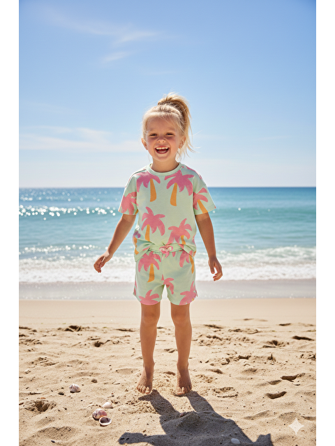 Monila Kız Çocuk Mint Palmiye Baskılı Pamuklu Şortlu Altüst Takım - S000515840-1180