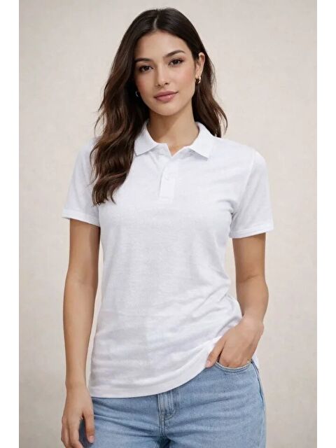Jane's Polo Yaka Pike Kumaş Düğmeli Basic Tişört T-Shirt Günlük Rahat - Beyaz