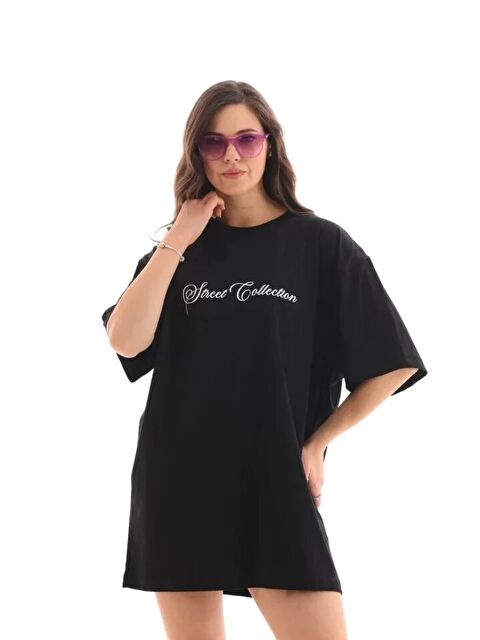 Jane's Unisex Bisiklet Yaka Baskılı Oversize T-Shirt - Siyah