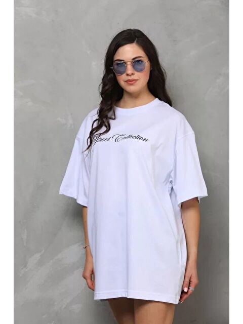 Jane's Unisex Bisiklet Yaka Baskılı Oversize T-Shirt - Beyaz