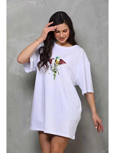 Jane's Unisex Bisiklet Yaka Baskılı Oversize T-Shirt - Beyaz