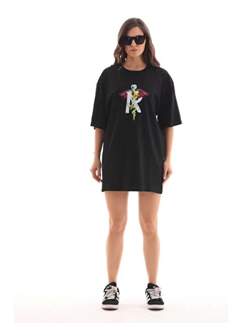 Jane's Unisex Bisiklet Yaka Baskılı Oversize T-Shirt - Siyah