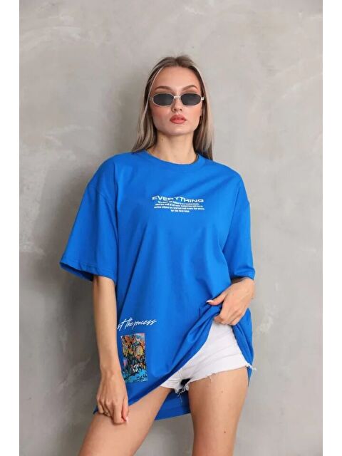 Jane's Unisex Bisiklet Yaka Baskılı Oversize T-Shirt - Mavi