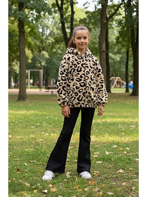 Fullamoda Leopar Desenli Kapüşonlu Kız Çocuk Pelüş Mont - S000473010-19928