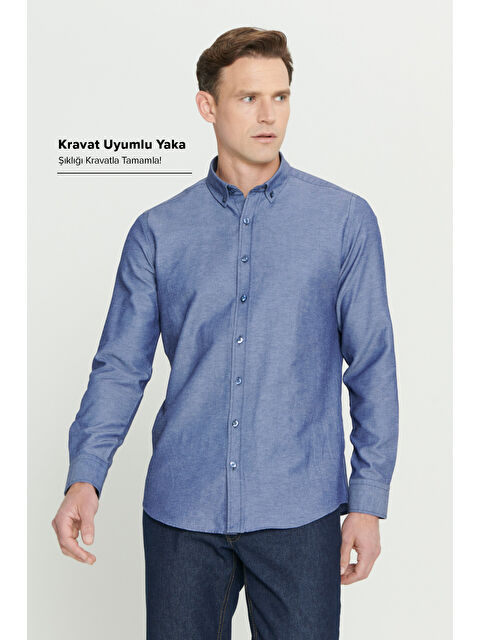 AC&Co / Altınyıldız Classics Erkek Lacivert Tailored Slim Fit Dar Kesim Düğmeli Yaka Oxford Gömlek